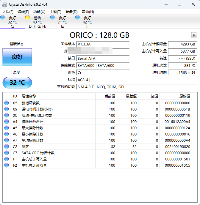 CrystalDiskInfo 绿色版 - 硬盘健康状态与S.M.A.R.T.深度检测神器第7张插图 CrystalDiskInfo 绿色版 - 硬盘健康状态与S.M.A.R.T.深度检测神器第7张插图